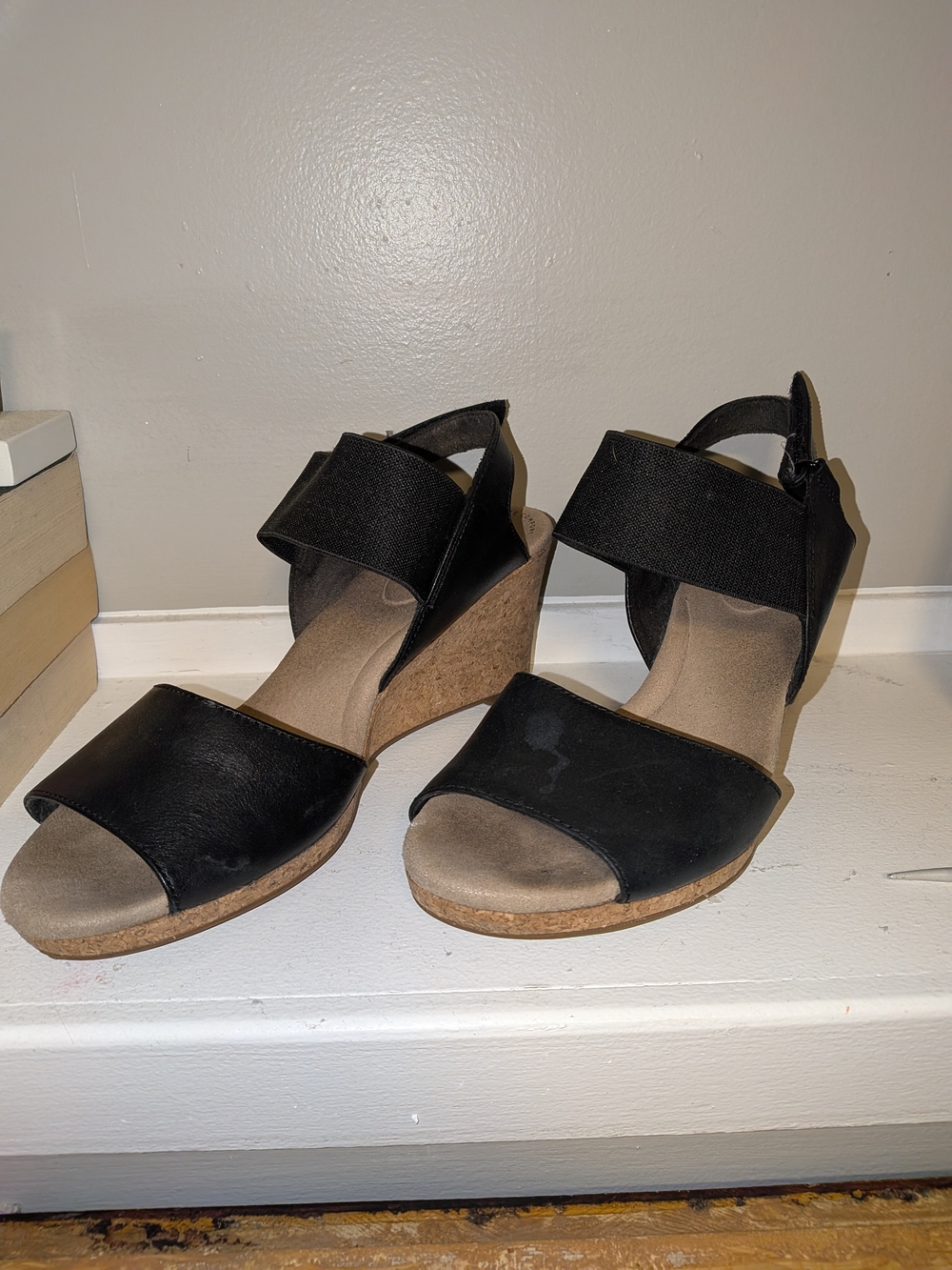 Clarks Black Wedge Sandals with Cork-Look Heel